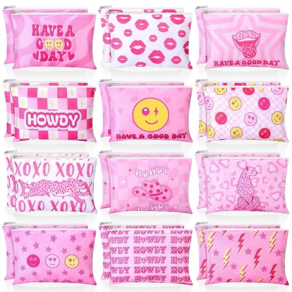 24 Pcs Preppy Cosmetic Bags Pink Makeup Pouches Bulk Cute Cosmetic Pouch with Zi - Picture 1 of 7
